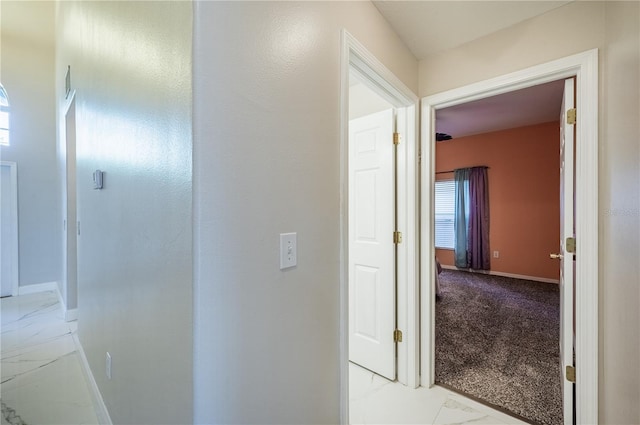 31028 Baclan Dr, Wesley Chapel, FL 33545 - hallway featuring marble finish floor, carpet floors, and baseboards