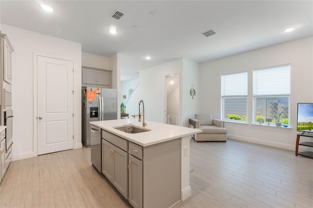 kitchen featuring gray cabinets, a center island with sink, a sink, visible vents, and appliances with stainless steel finishes