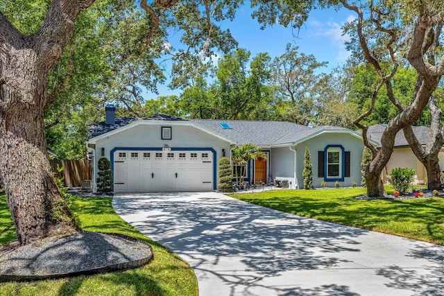single story home featuring an attached garage, driveway, stucco siding, and a chimney