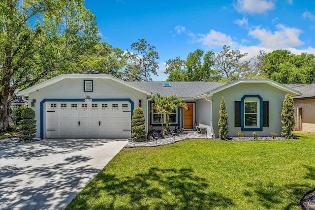 ranch-style house featuring an attached garage, stucco siding, a front lawn, and concrete driveway