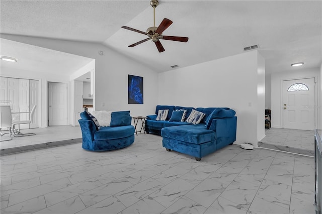 8720 Larwin Ln, Orlando, FL 32817 - living area with marble finish floor, visible vents, vaulted ceiling, and a ceiling fan