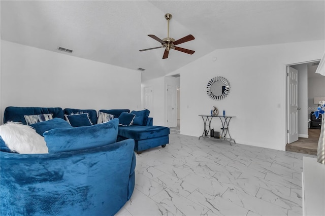 8720 Larwin Ln, Orlando, FL 32817 - living area featuring marble finish floor, lofted ceiling, visible vents, and a ceiling fan