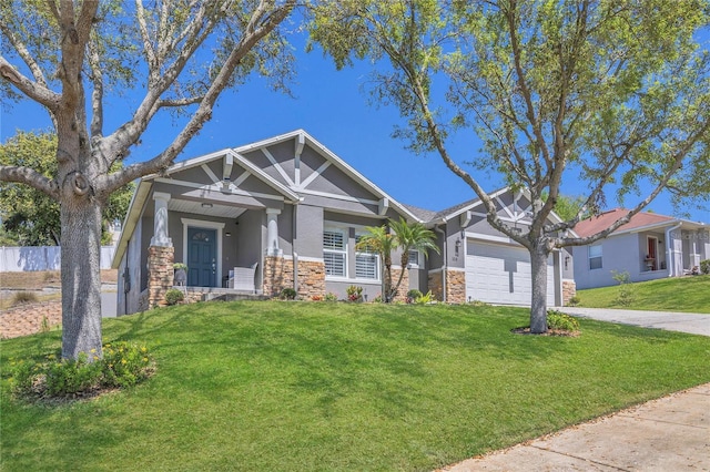 1510 Pier St, Clermont, FL 34711 - craftsman-style home with stucco siding, driveway, stone siding, a front yard, and an attached garage