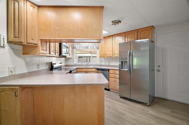 kitchen with a sink, a peninsula, light wood-style flooring, stainless steel appliances, and decorative backsplash