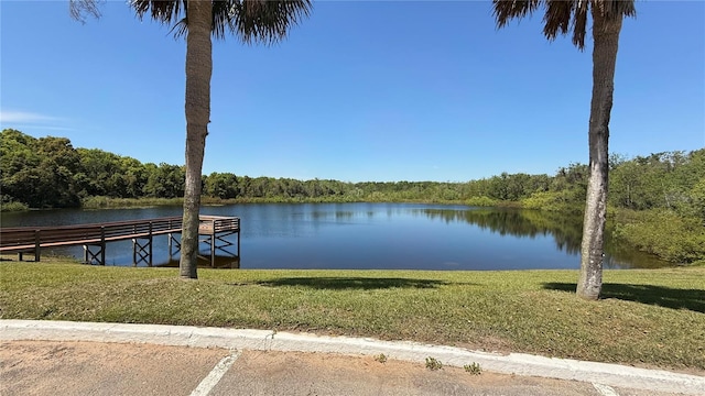 dock area featuring a lawn, a water view, and a view of trees