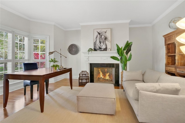 1560 Woodland Ave, Winter Park, FL 32789 - living room with baseboards, a lit fireplace, wood finished floors, and ornamental molding