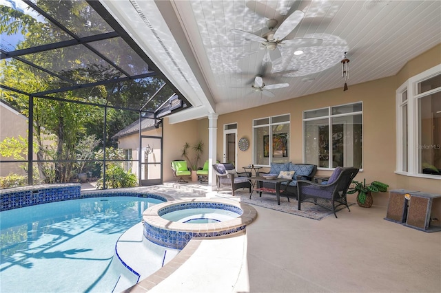 1560 Woodland Ave, Winter Park, FL 32789 - view of swimming pool featuring an outdoor living space, glass enclosure, a pool with connected hot tub, and a patio area