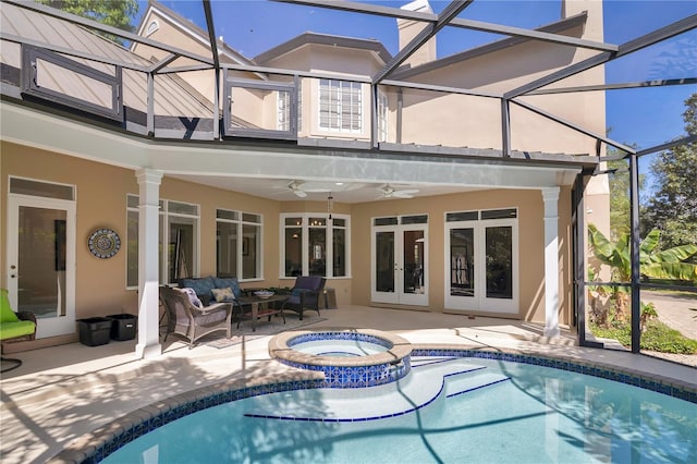 1560 Woodland Ave, Winter Park, FL 32789 - view of pool featuring an outdoor living space, a pool with connected hot tub, french doors, a ceiling fan, and a patio