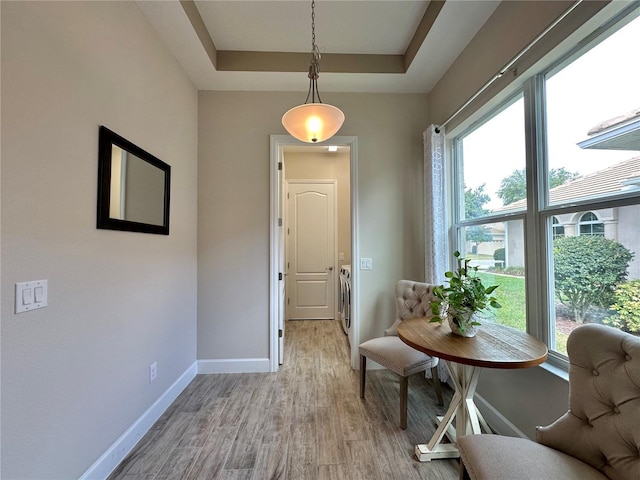 dining room featuring a raised ceiling, light wood-style floors, washing machine and clothes dryer, and baseboards
