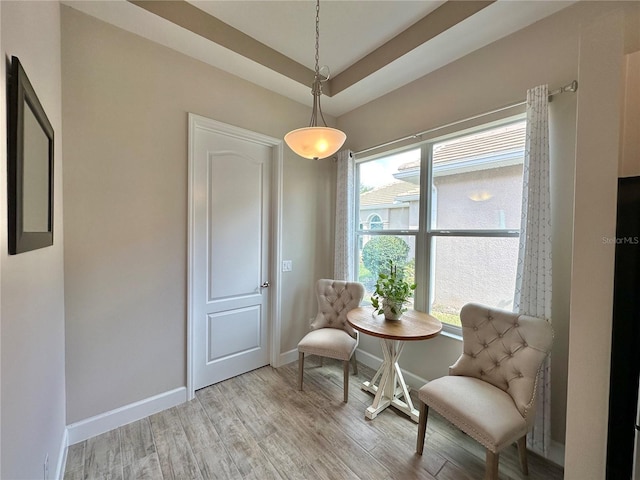 sitting room featuring baseboards, wood finished floors, and a raised ceiling