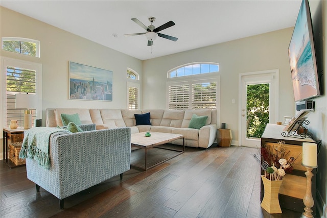 7003 Somerton Blvd, Orlando, FL 32819 - living room with baseboards, ceiling fan, wood-type flooring, and plenty of natural light
