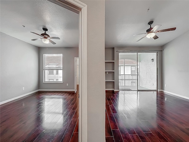 empty room with wood finished floors, ceiling fan, a healthy amount of sunlight, and a textured ceiling