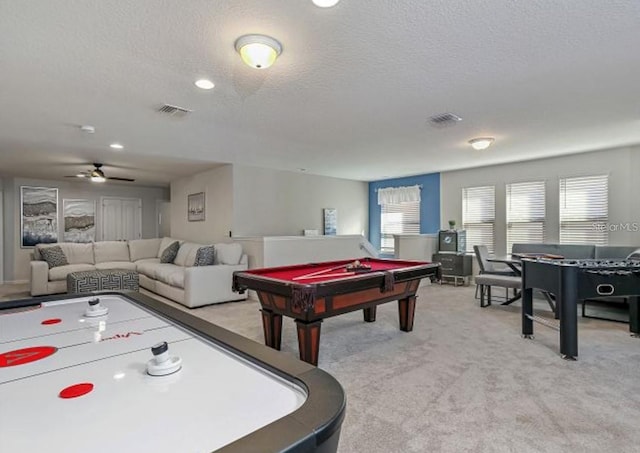 8892 Bengal Ct, Kissimmee, FL 34747 - recreation room featuring a textured ceiling, light colored carpet, billiards, and a ceiling fan