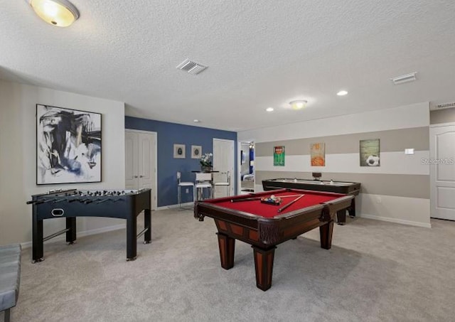 8892 Bengal Ct, Kissimmee, FL 34747 - playroom featuring light carpet, a textured ceiling, pool table, baseboards, and recessed lighting