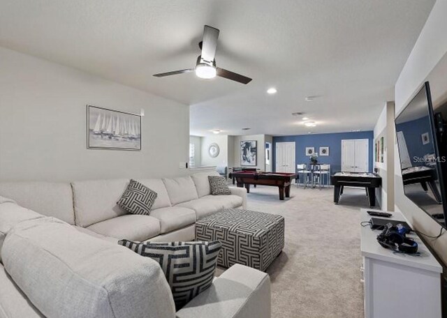 8892 Bengal Ct, Kissimmee, FL 34747 - living area with billiards table, light carpet, a ceiling fan, and recessed lighting