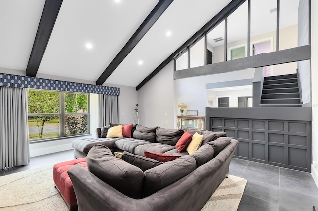 835 Dyson Dr, Winter Springs, FL 32708 - living room with beamed ceiling, recessed lighting, high vaulted ceiling, and concrete flooring