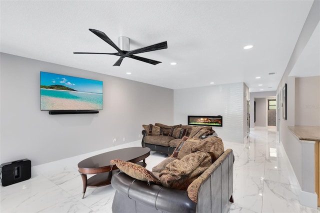 835 Dyson Dr, Winter Springs, FL 32708 - living area with light marble finish flooring, recessed lighting, and ceiling fan