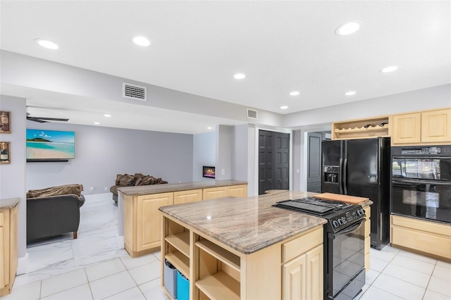 835 Dyson Dr, Winter Springs, FL 32708 - kitchen featuring open shelves, black appliances, light brown cabinets, open floor plan, and a center island