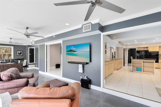 835 Dyson Dr, Winter Springs, FL 32708 - living room with ceiling fan, light tile patterned floors, crown molding, and recessed lighting