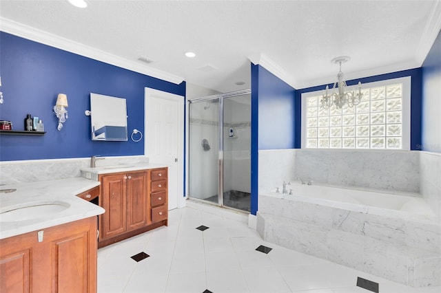 835 Dyson Dr, Winter Springs, FL 32708 - bathroom featuring vanity, a shower stall, crown molding, a garden tub, and a chandelier
