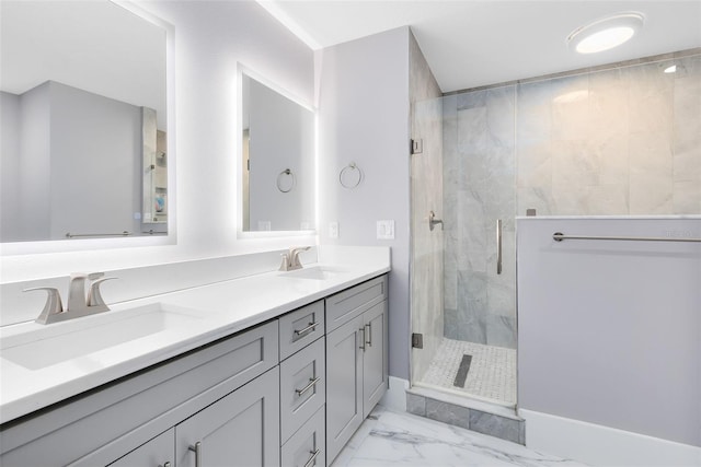 835 Dyson Dr, Winter Springs, FL 32708 - bathroom featuring marble finish flooring, a marble finish shower, and double vanity