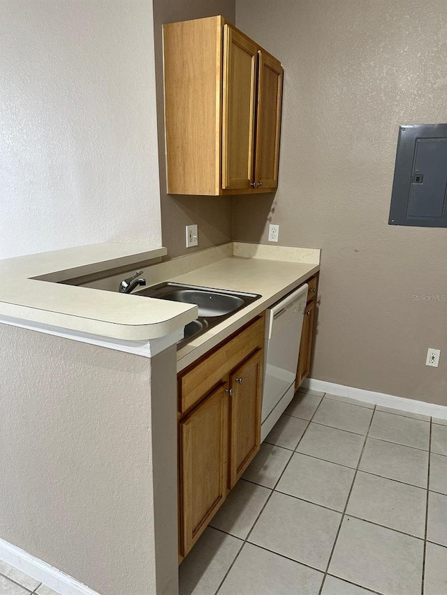 9021 Lee Vista Blvd Unit 1707, Orlando, FL 32829 - kitchen featuring electric panel, a sink, dishwasher, brown cabinetry, and light tile patterned floors