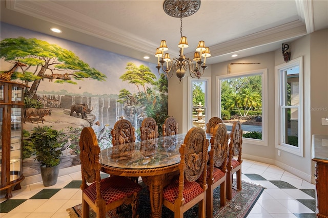 11450 Nellie Oaks Bnd, Clermont, FL 34711 - dining space with a chandelier, ornamental molding, light tile patterned floors, and recessed lighting