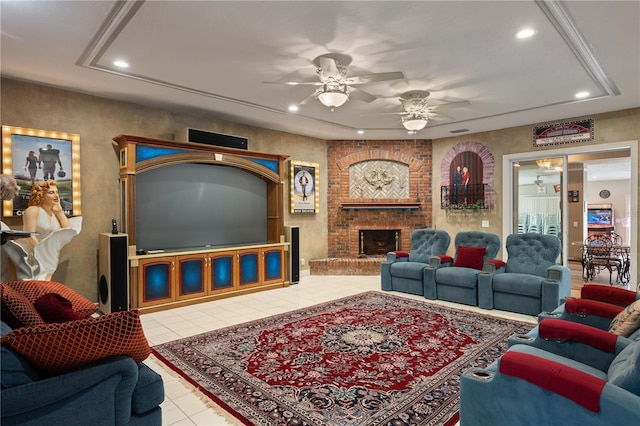 11450 Nellie Oaks Bnd, Clermont, FL 34711 - living room featuring ceiling fan, recessed lighting, tile patterned flooring, and a brick fireplace