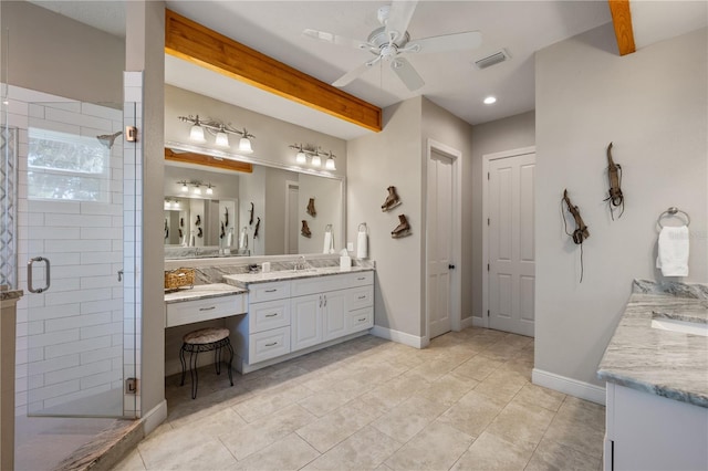 11450 Nellie Oaks Bnd, Clermont, FL 34711 - full bath featuring vanity, a shower stall, ceiling fan, tile patterned floors, and recessed lighting