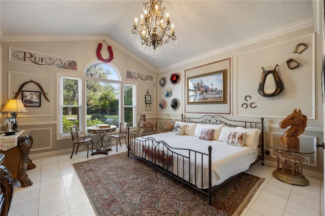 11450 Nellie Oaks Bnd, Clermont, FL 34711 - bedroom featuring a decorative wall, light tile patterned flooring, multiple windows, a chandelier, and lofted ceiling