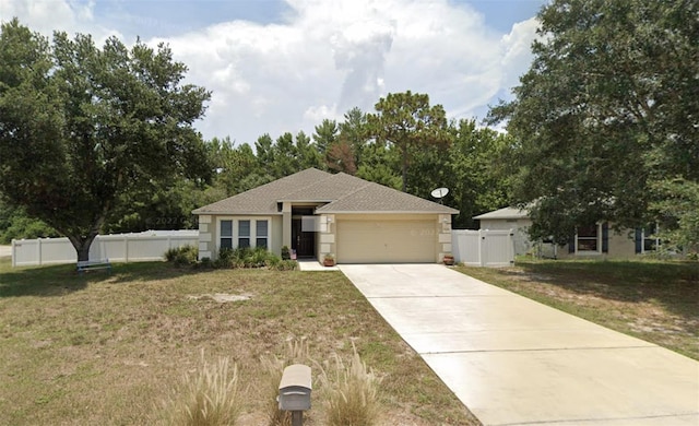view of front of property featuring concrete driveway, fence, an attached garage, a front yard, and a gate