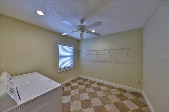 426 S Lakemont Ave, Winter Park, FL 32792 - laundry room featuring a ceiling fan, light floors, a textured ceiling, baseboards, and washer and dryer