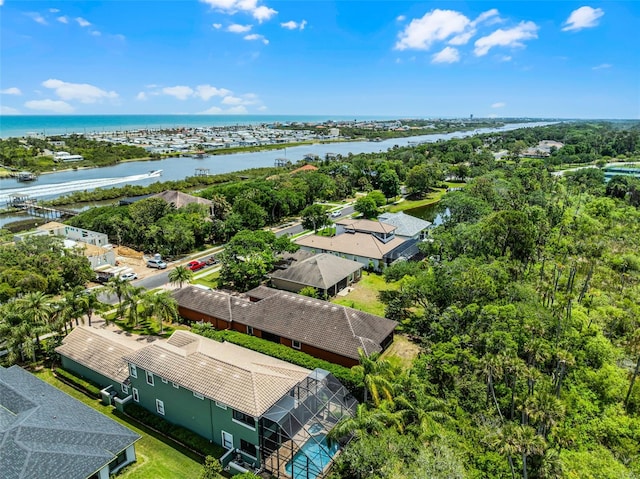drone / aerial view featuring a water view