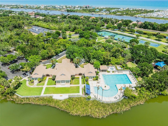 birds eye view of property featuring a water view