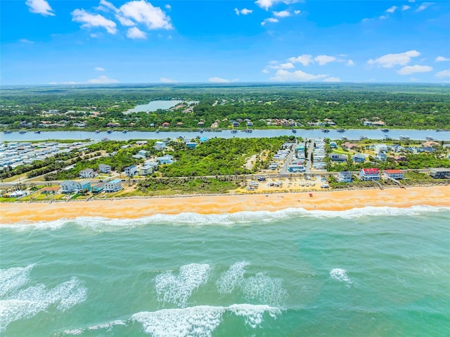 aerial view with a water view and a view of the beach
