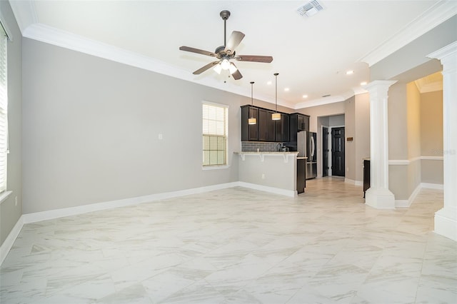 unfurnished living room featuring visible vents, baseboards, marble finish floor, ceiling fan, and decorative columns