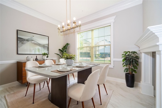 dining room featuring baseboards, marble finish floor, ornamental molding, and a chandelier