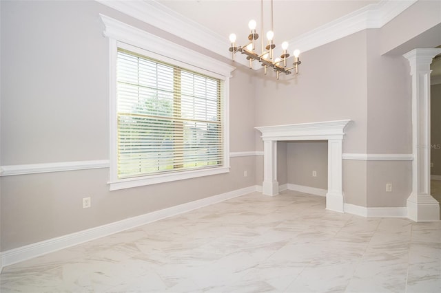 9330 Meadow Hunt Way, Winter Garden, FL 34787 - unfurnished dining area with marble look tiles, a chandelier, and ornamental molding