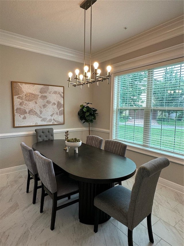 9330 Meadow Hunt Way, Winter Garden, FL 34787 - dining space with light marble finish flooring, a chandelier, and crown molding