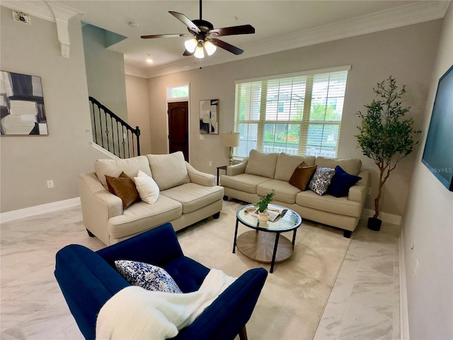 9330 Meadow Hunt Way, Winter Garden, FL 34787 - living area with light marble finish flooring, stairway, ceiling fan, and ornamental molding