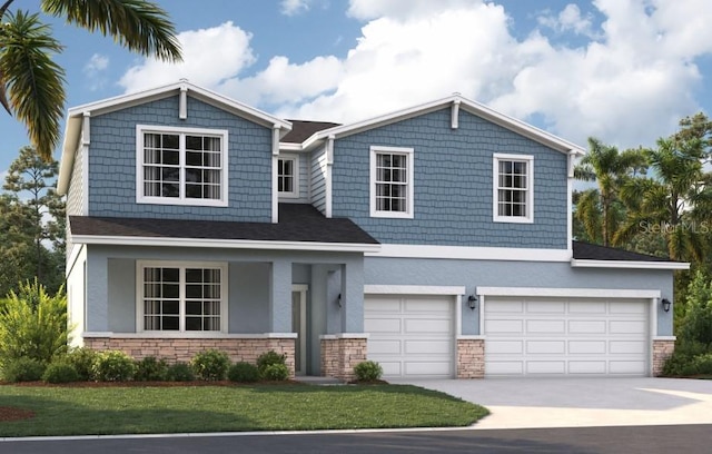 3240 Viridian Cir, Melbourne, FL 32904 - craftsman inspired home featuring stone siding, concrete driveway, stucco siding, a front lawn, and a garage