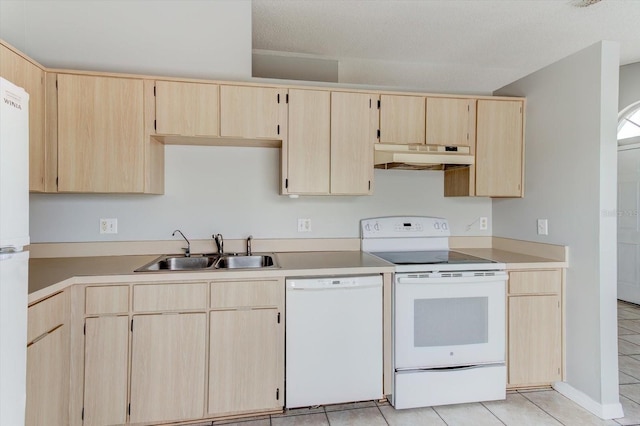 294 San Gabriel St, Winter Springs, FL 32708 - kitchen with light tile patterned flooring, a sink, light brown cabinetry, under cabinet range hood, and white appliances