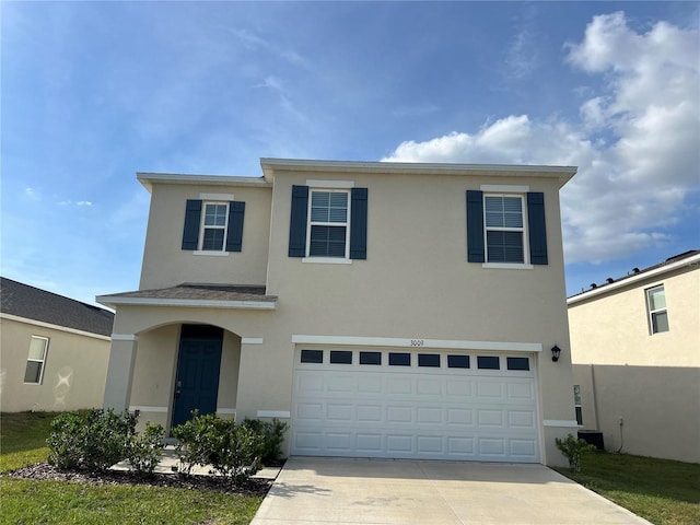 3009 Tansy St, Tavares, FL 32778 - traditional-style home featuring central AC unit, stucco siding, an attached garage, and concrete driveway