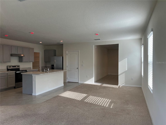 3009 Tansy St, Tavares, FL 32778 - kitchen with an island with sink, light carpet, gray cabinets, and appliances with stainless steel finishes