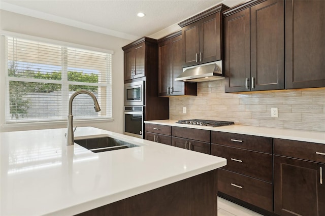 2785 Park Ridge St, Apopka, FL 32712 - kitchen with under cabinet range hood, stainless steel appliances, light countertops, decorative backsplash, and dark brown cabinets