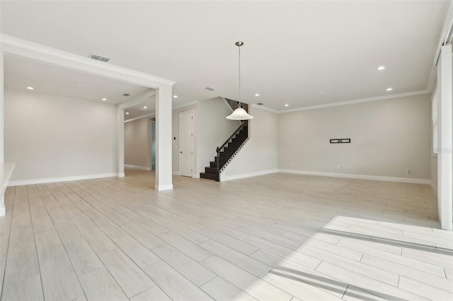 2785 Park Ridge St, Apopka, FL 32712 - unfurnished living room with stairs, recessed lighting, light wood finished floors, and ornamental molding