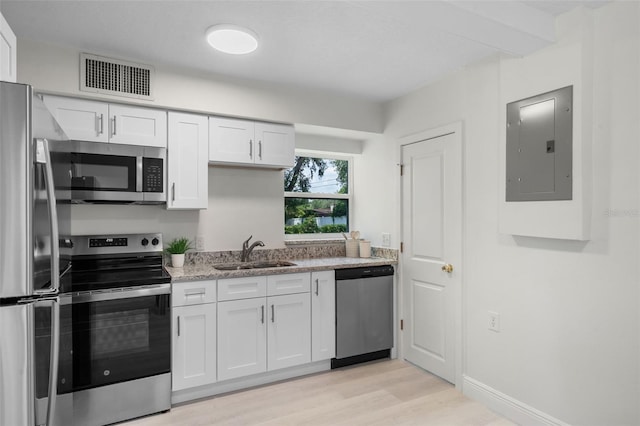 239 S Lake Cortez Dr, Apopka, FL 32703 - kitchen with appliances with stainless steel finishes, a sink, light wood-style floors, electric panel, and white cabinets