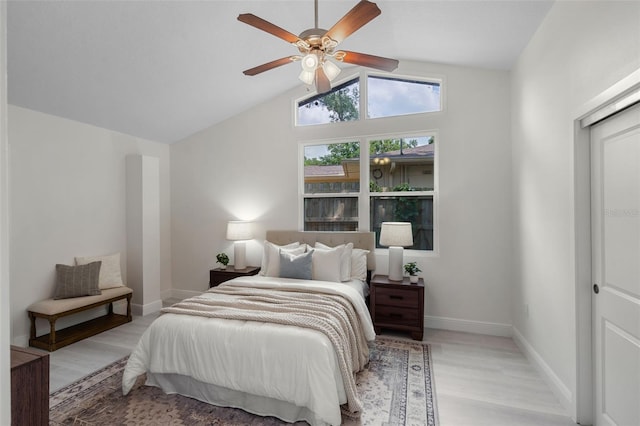 239 S Lake Cortez Dr, Apopka, FL 32703 - bedroom featuring wood finished floors, baseboards, lofted ceiling, and a ceiling fan