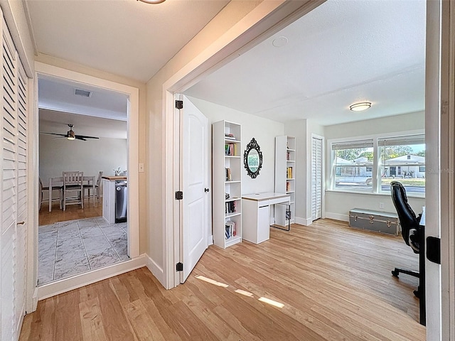 1121 49th Ave N, Saint Petersburg, FL 33703 - unfurnished office featuring a ceiling fan, visible vents, baseboards, and light wood-type flooring