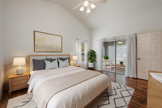 39900 Bayview Dr, Lady Lake, FL 32159 - bedroom with access to exterior, high vaulted ceiling, wood finished floors, and a ceiling fan